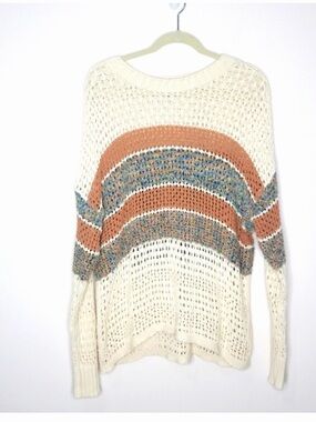 American Eagle Open-Knit Sweater with Rust and Blue Stripe Accents